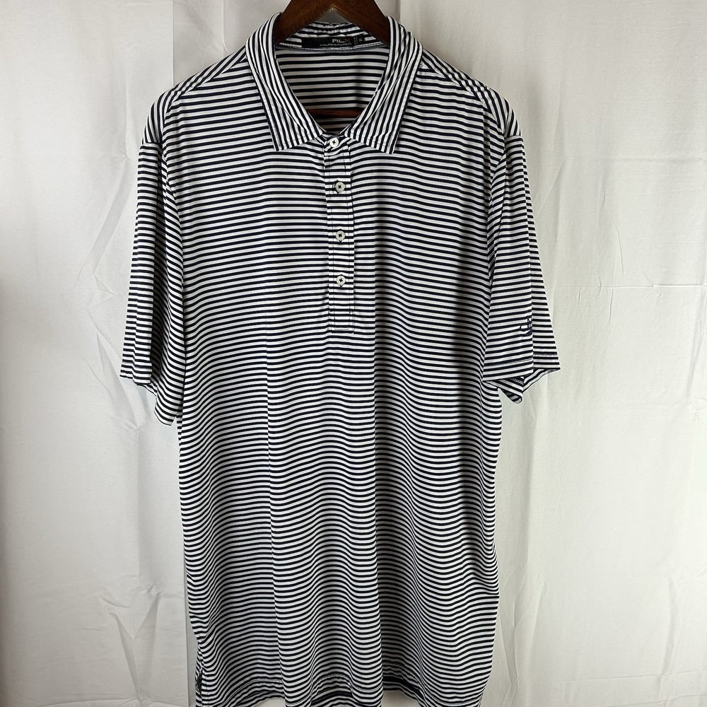 Ralph Lauren RLX Golf Polo Shirt Mens XXL Short Sleeve Blue Stripe Karsten Creek